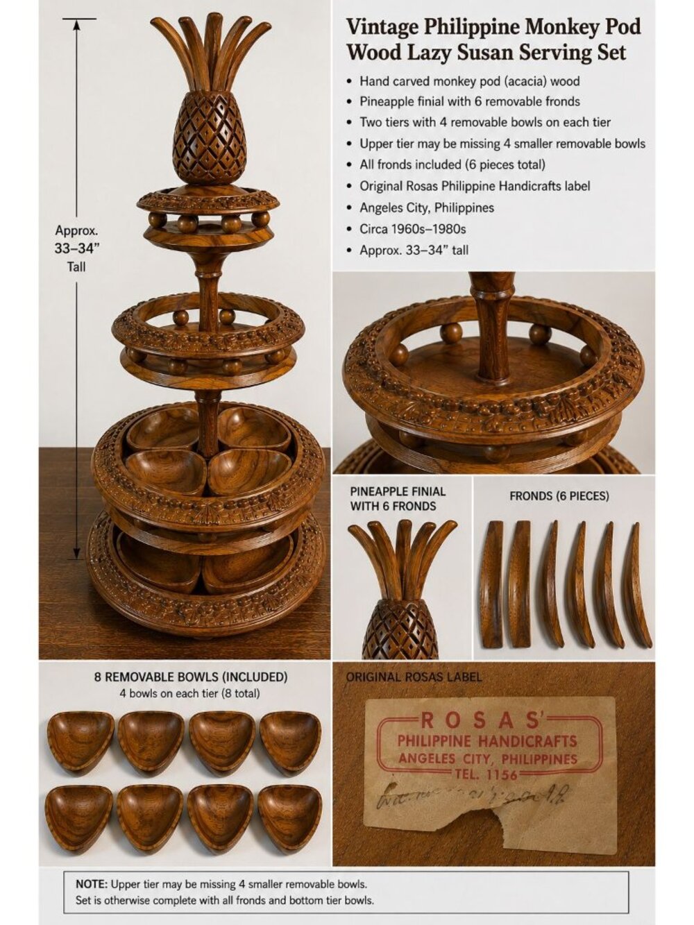 Vintage Rosas Philippine Monkey Pod Wood 3 Tier Lazy Susan Serving Set Pineapple - Picture 2 of 16